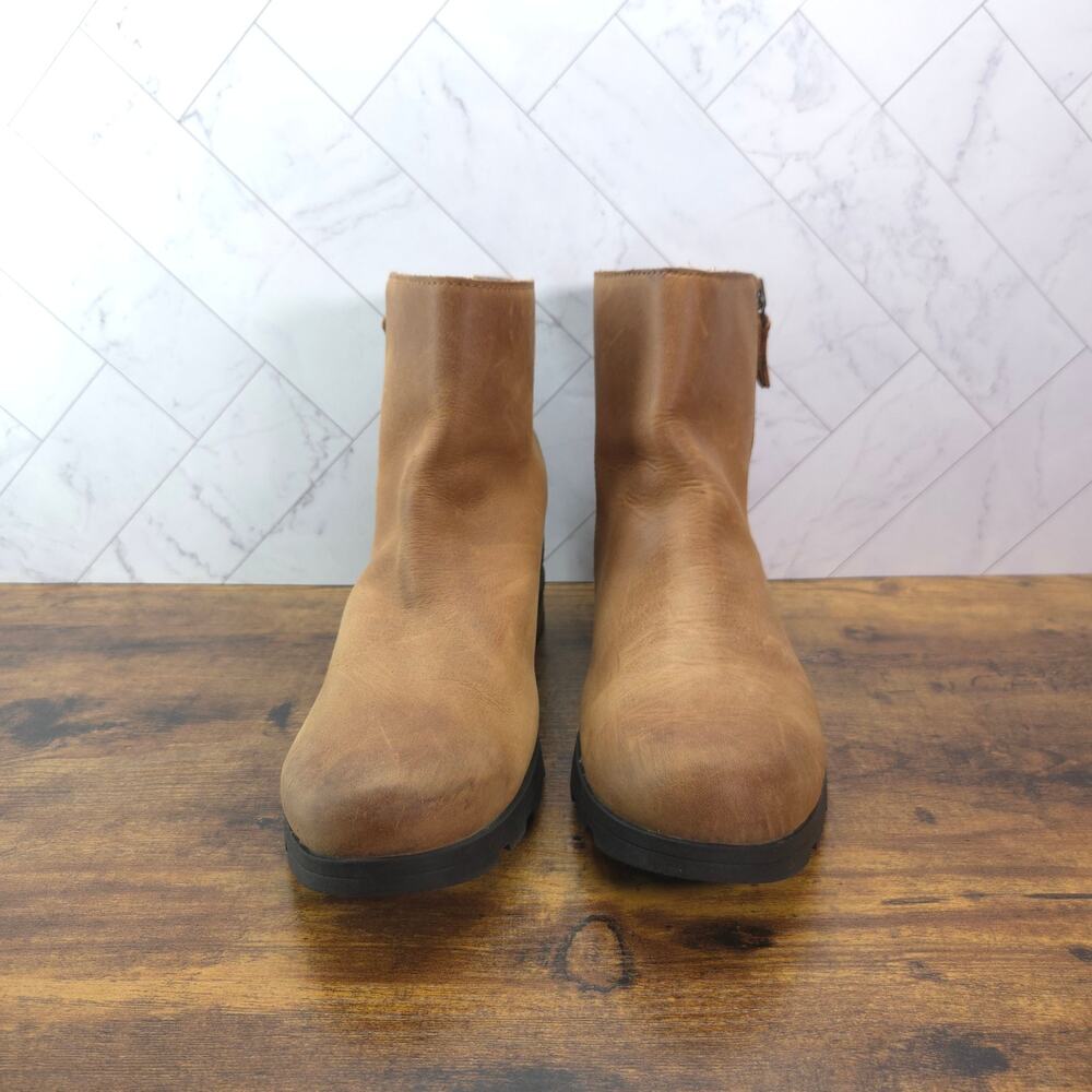 Sorel Emelie Zip Women 10.5 Camel Brown Leather Waterproof Ankle Boots NL3312
